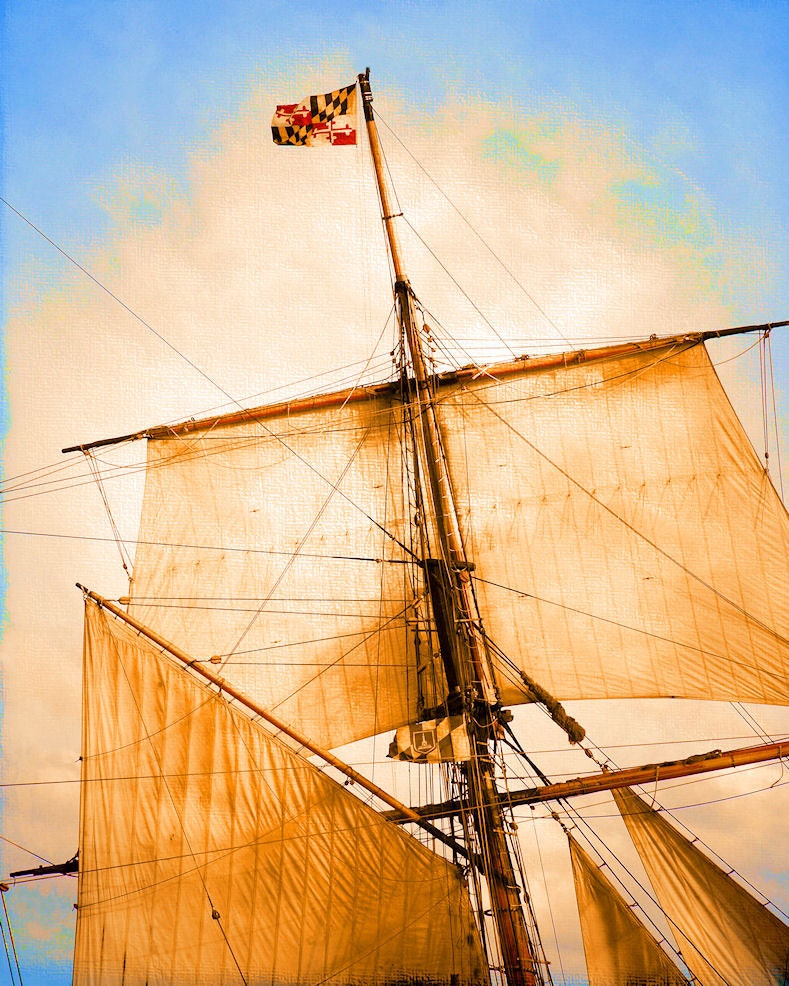 Vintage tall ship sails ocean yellow blue wall art sailboat nautical cottage decor summer- Ahoy 8 x 10