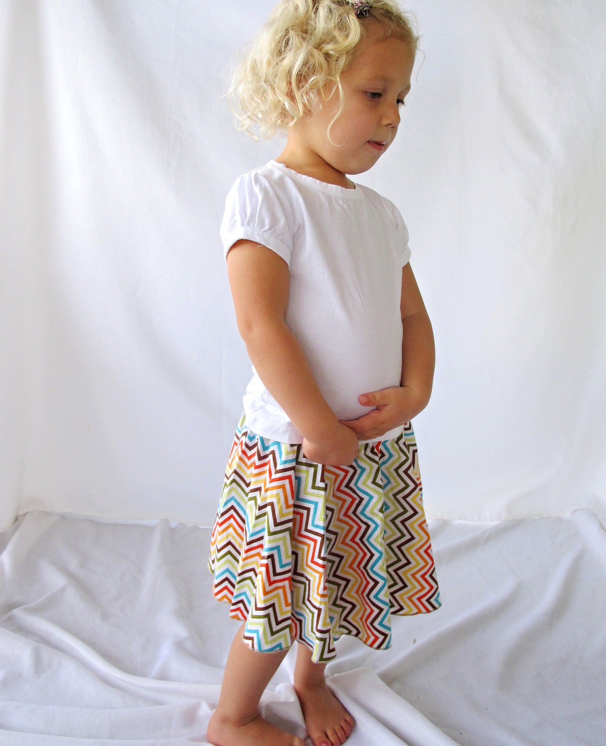 SALE - Chevron Love  - Twirly Circle Skirt   - Chevron, Zig Zag Stripes in Blue, Brown, Green, Orange and Yellow  - by bitty bambu