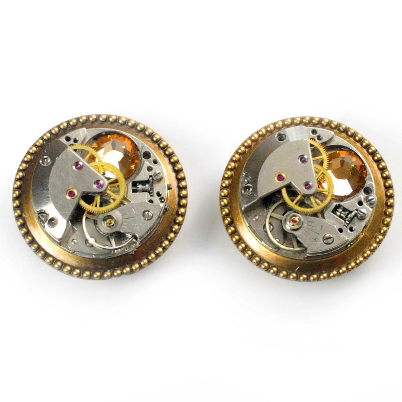 Steampunk Vintage Watch Movement n Light Topaz Cuff  Button Covers