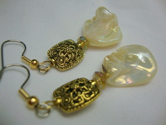 Ivory Freshwater Pearl Nugget with Gold Ornate Bead Classic Elegance Earrings