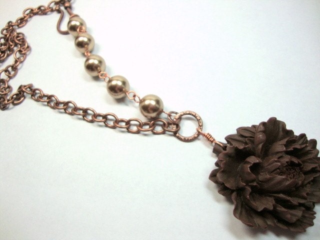 Rich Brown Peony with Bronze Pearls, Bridesmaid Gift, Wedding Jewelry