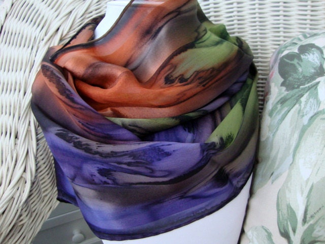 Sedona Sunset Chocolate Eggplant Olive Burnt Orange Hand Dyed Silk Scarf