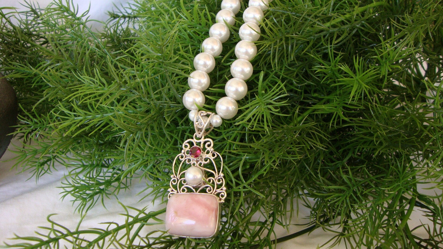 Pink Opal White Pearls Eternal Love Necklace Bridal Formal Occasion Wedding Jewelry