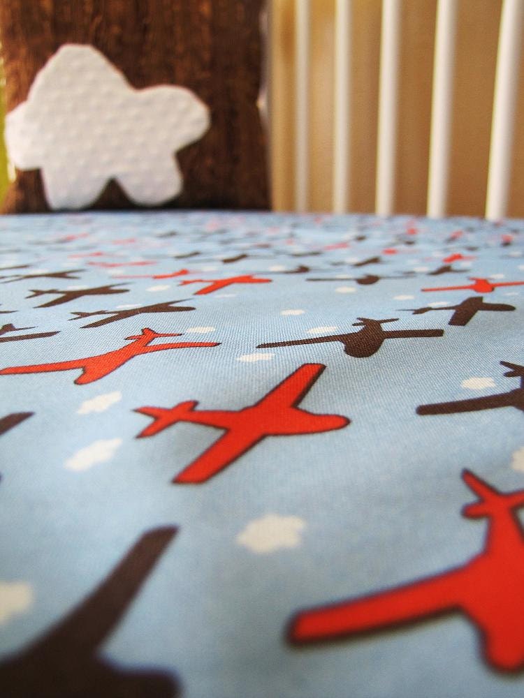 Airplane and Clouds exclusively by Birds Have Flowers  with crib skirt , fitted sheet and decor pillow