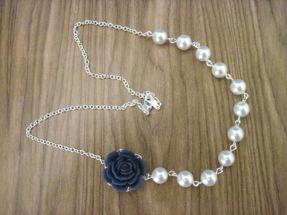 Bridesmaid Necklace Navy Blue Rose and Pearl Wedding Jewelry