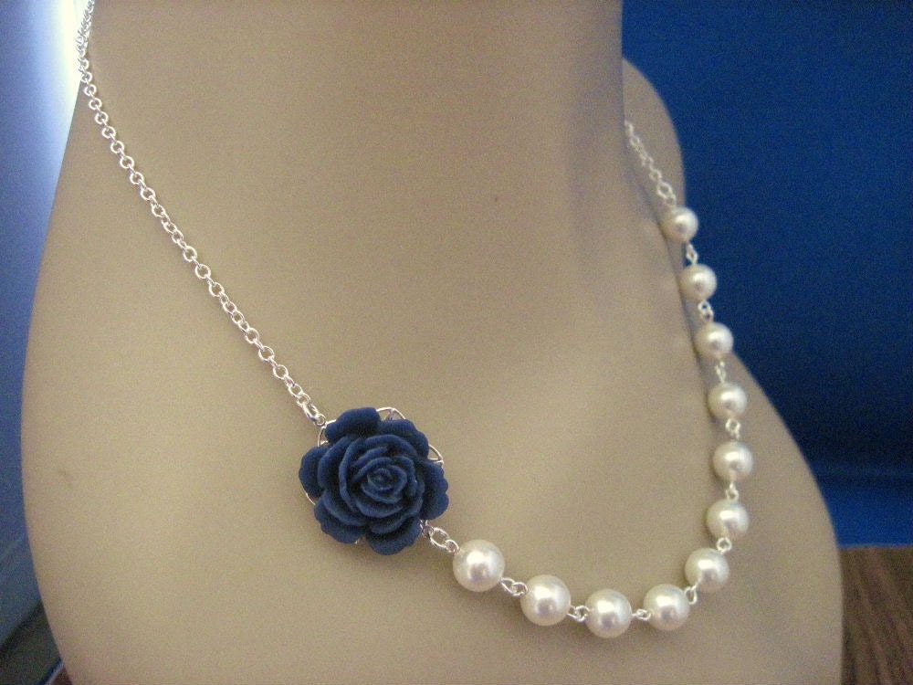 Bridesmaid Necklace Navy Blue Rose and Pearl Wedding Jewelry