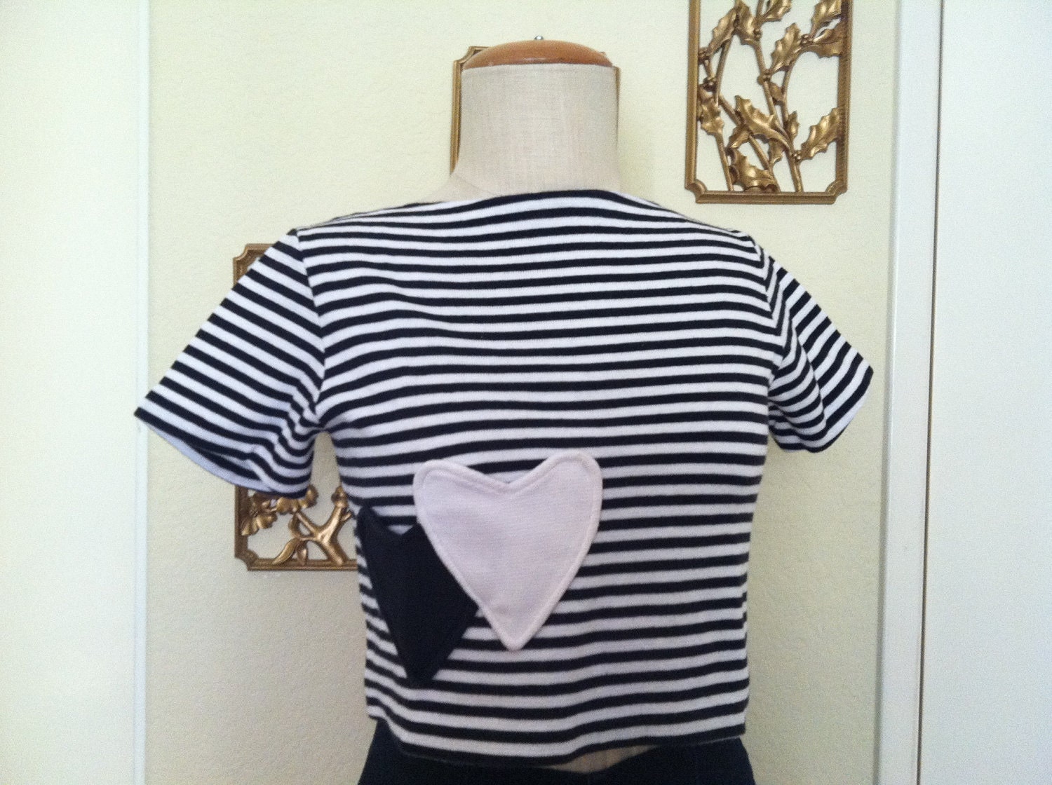 60s Bardot Love Black White Stripe Cropped Pullover Top