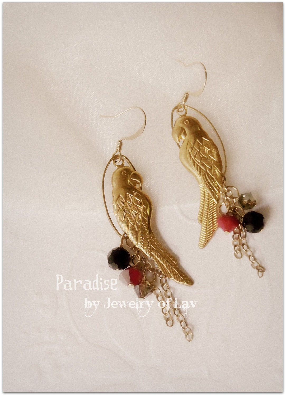 Paradise Earring made with parrot charms, swarovski crystals, gold-plated ear hooks etc.