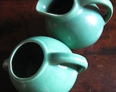 Unusual Set of Asymmetrical Pottery - Green Ceramic Bowl and Creamer