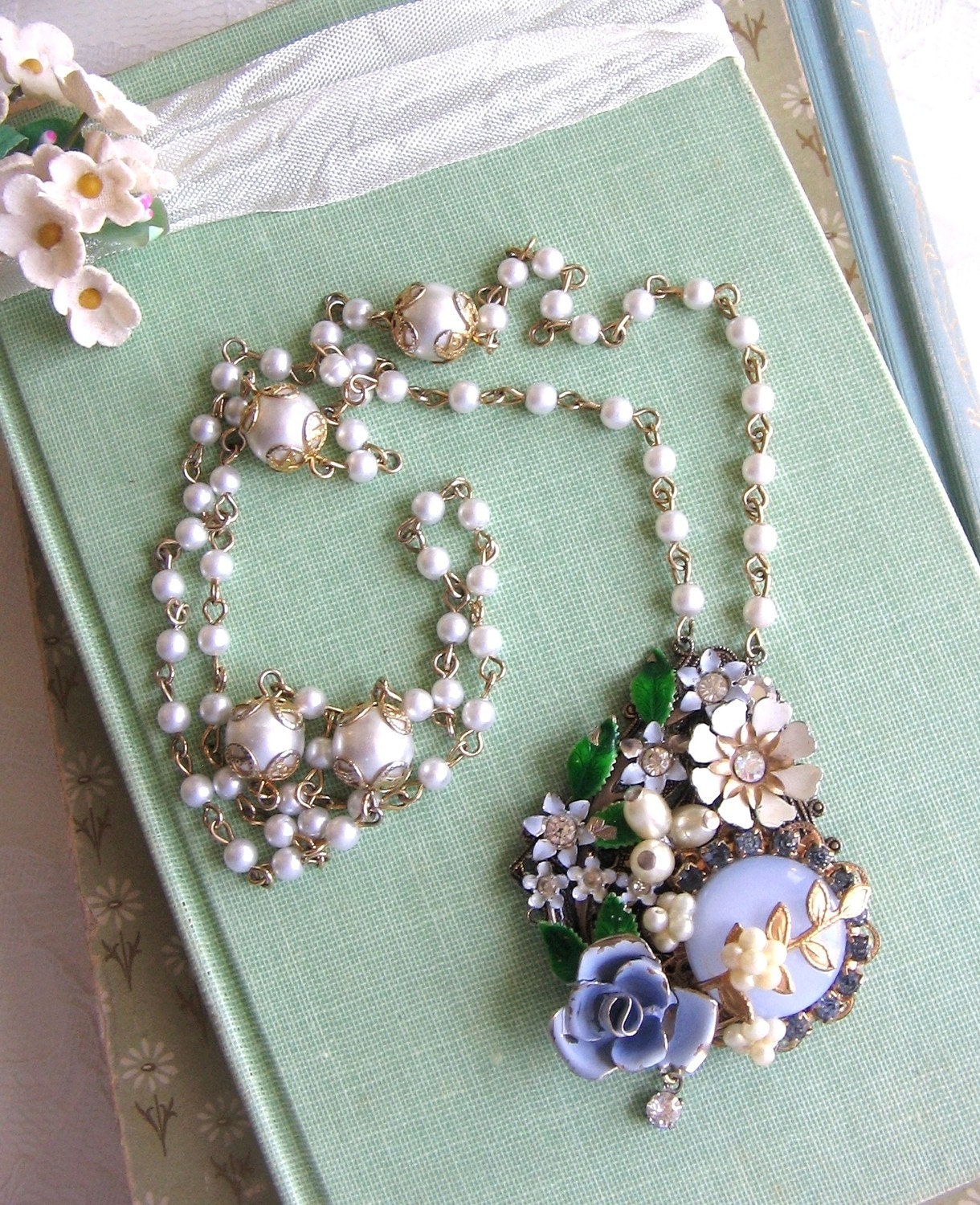 Happy Spring 15% off Sale Mother's Day Gift - Something Blue Repurposed Vintage Jewelry Shabby Chic Wedding Collage Necklace