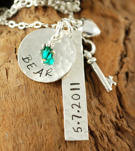 Hand Stamped Sterling Silver Necklace,  Personalized Handstamped Discs, Mommy Necklace, Key to my Heart, Birthstone Jewelry
