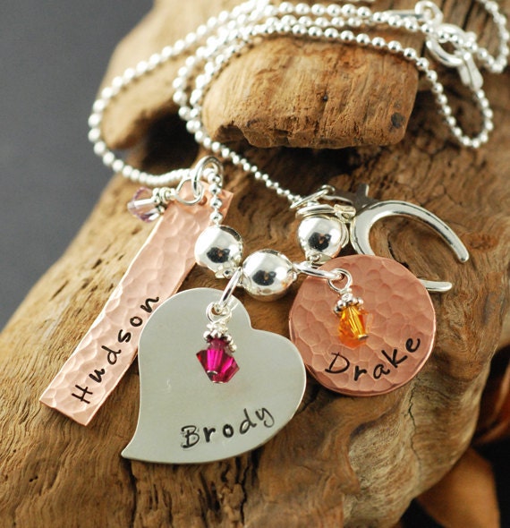 Hand Stamped Mommy Necklace, Copper Necklace, Sterling Silver Jewelry, Personalized Silver Jewelry, Horseshoe Charm