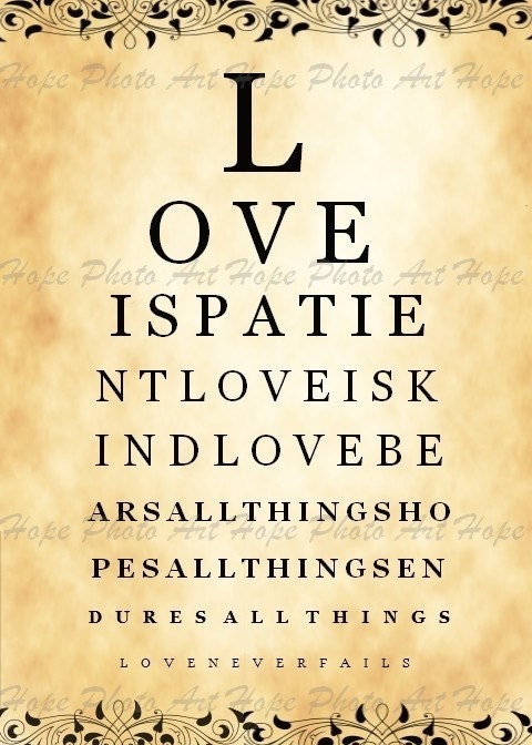 LOVE IS PATIENT EYE CHART LARGE 5x7 DIGITAL COLLAGE SHEET U-PRINT altered art handmade greeting cards scrapbooking paper supplies aged vintage text ephemera fabric image transfers ATC ACEO