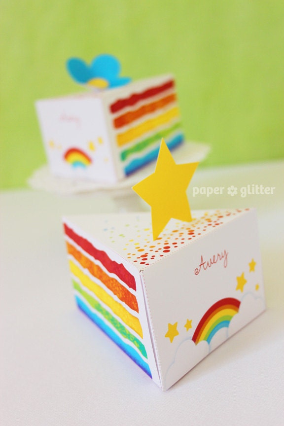 Rainbow Paper Cake Slice favor baking party box printables - Editable Text Printable PDF 1051