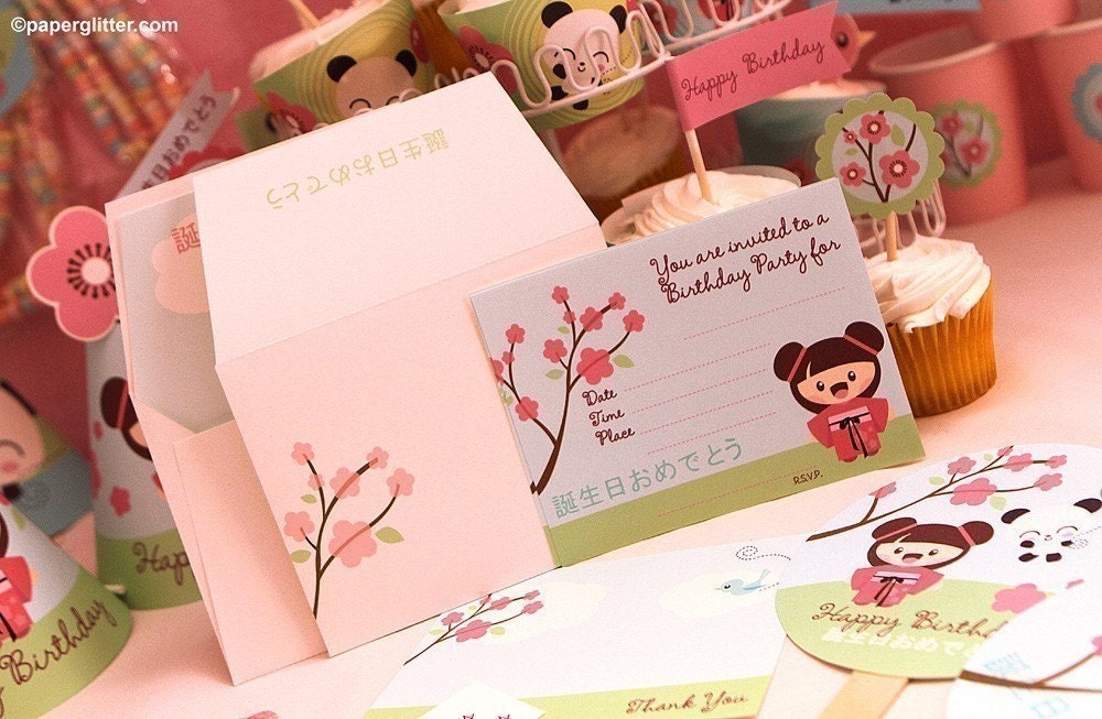 Panda Cherry Blossom Japanese Kawaii Love Birthday Party Kit-Printable PDF Complete Set 0006