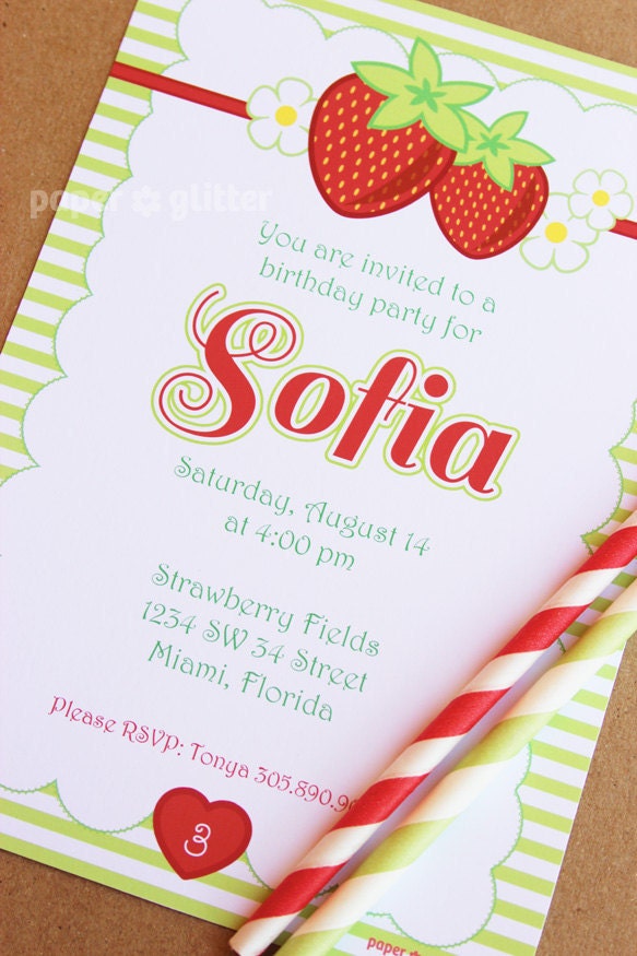 Strawberry Party Invitation for birthday or baby shower, not strawberry shortcake Invite or Thank You Card Printable PDF or JPG