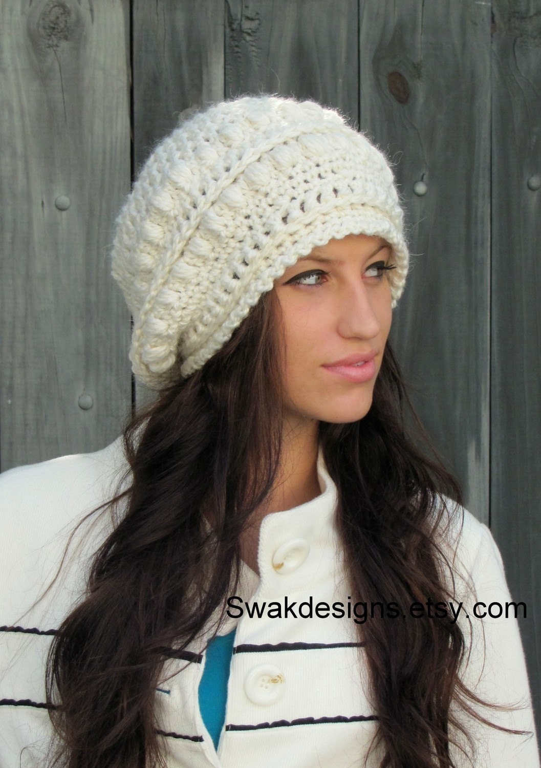 Alpaca Wool Slouchy Hat - Slouchy Bobble Beanie Winter White or CHOOSE Your color Hand Knit Hat