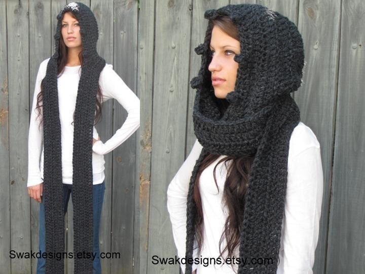 Hooded Scarf  Scoodie Messenger Scarf Long Wool Scarf - Charcoal Gray or Choose Your Color