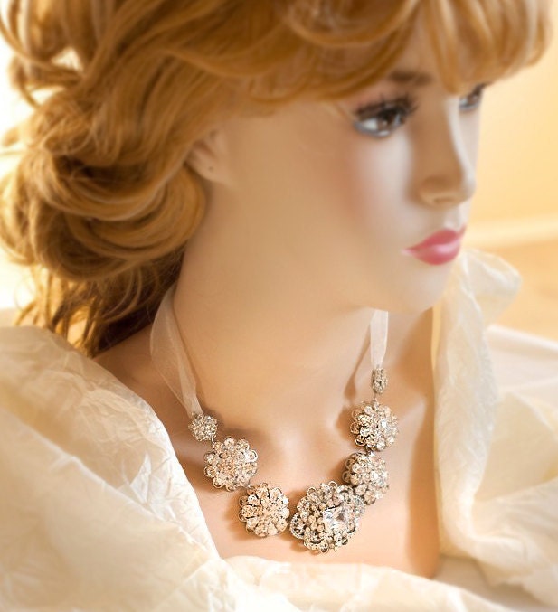 Bridal Rhinestone Statement Ribbon Necklace -- Crystal Wedding Brooch Necklace Vintage Style - wedding jewelry - Isabel