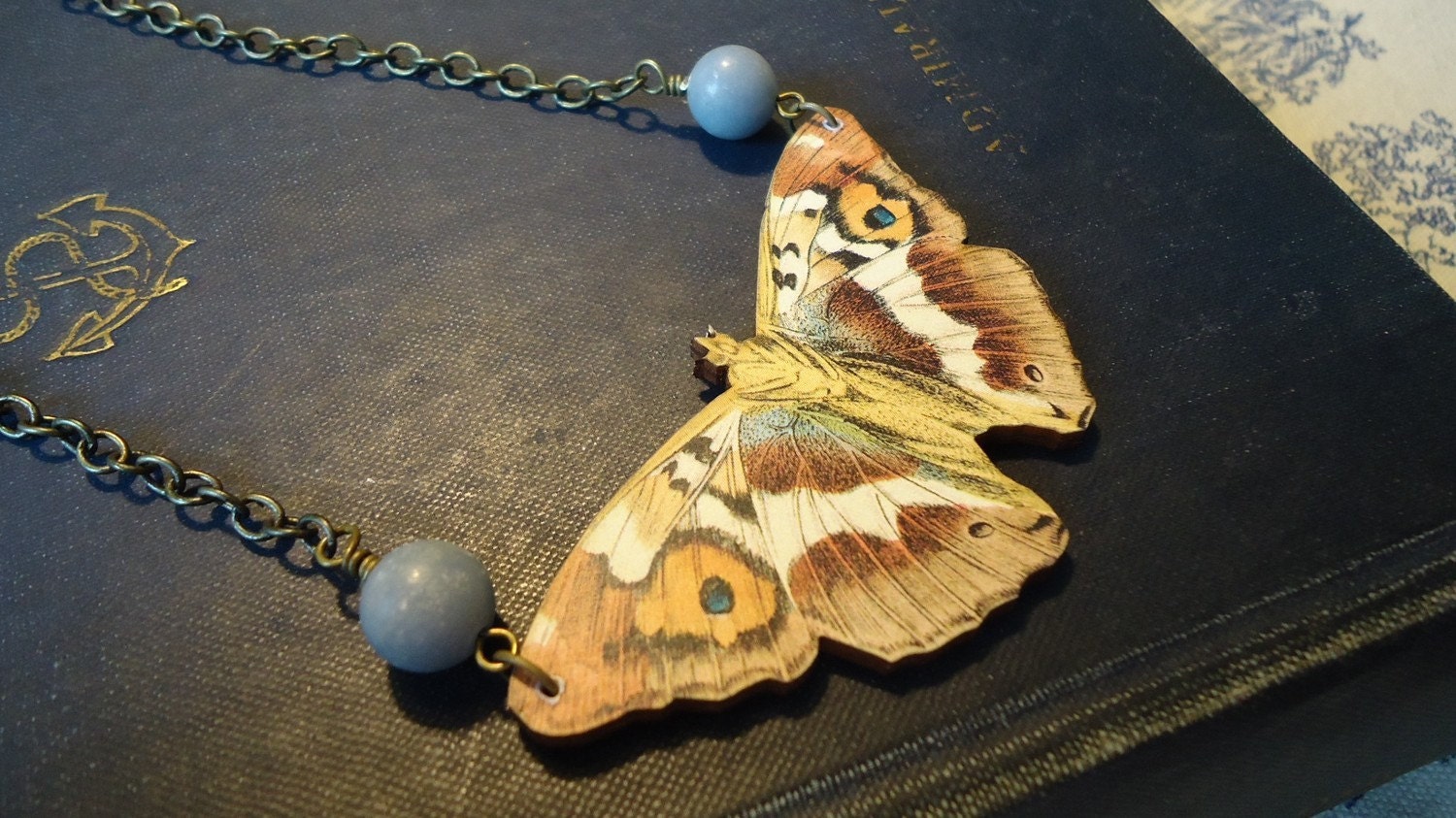 Blue Butterfly Necklace: Blue Angelite Stone, Rich Cocoa, Moth Specimen, Natural History Jewelry by AlpineGypsy on Etsy
