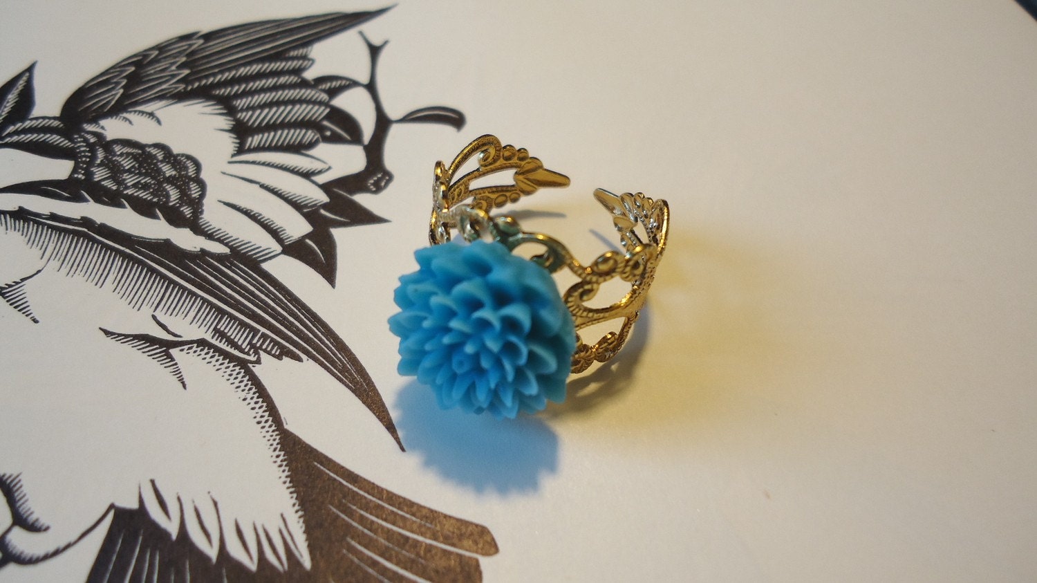 Flower Ring: Turquoise Blue, Chrysanthemum, Gold Filigree, Bohemian Folk Jewelry by AlpineGypsy on Etsy