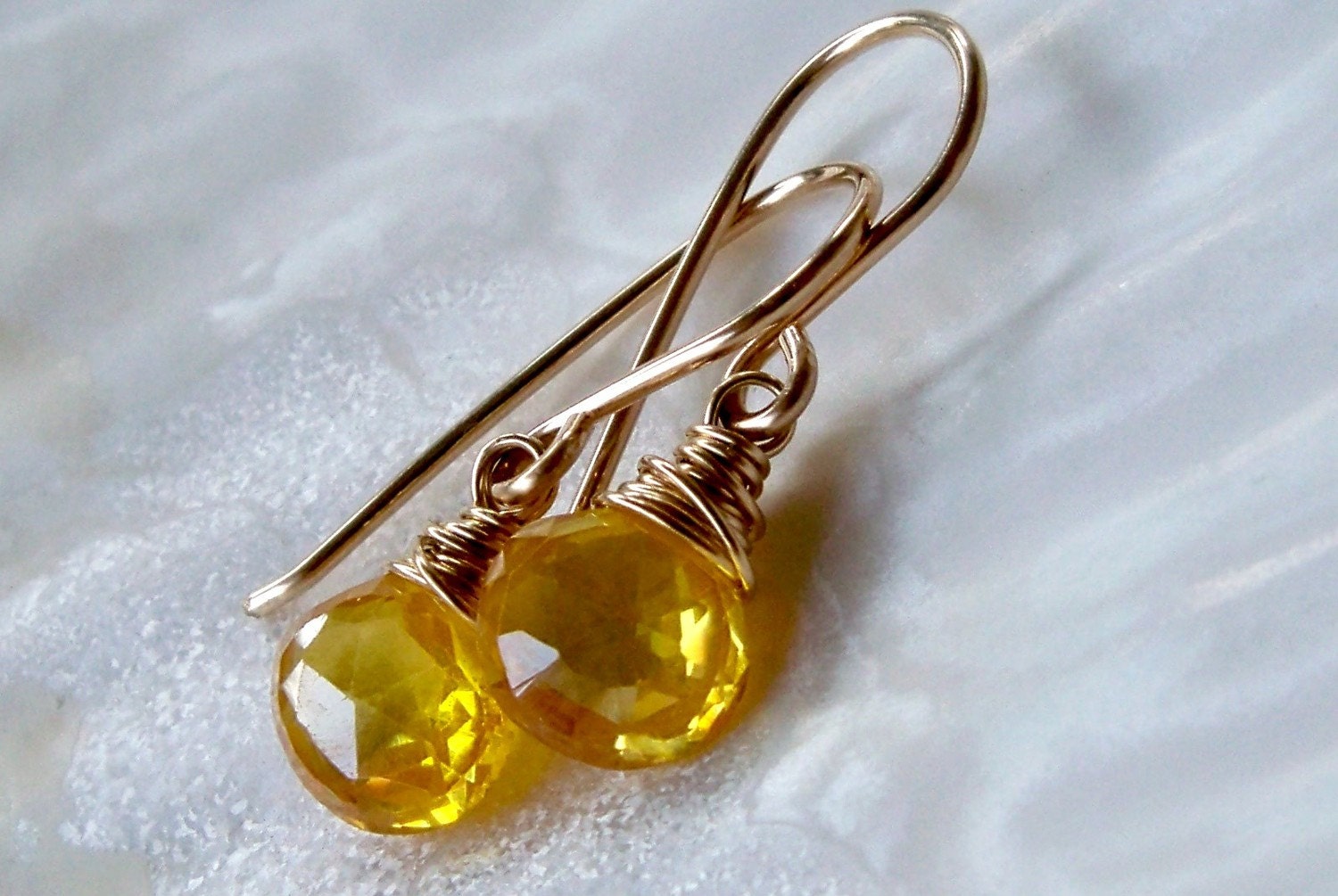 Spring jewelry fashion - Bright sunshine yellow zircon wire wrapped briolette drop earrings - 14k gold filled handmade gemstone jewelry