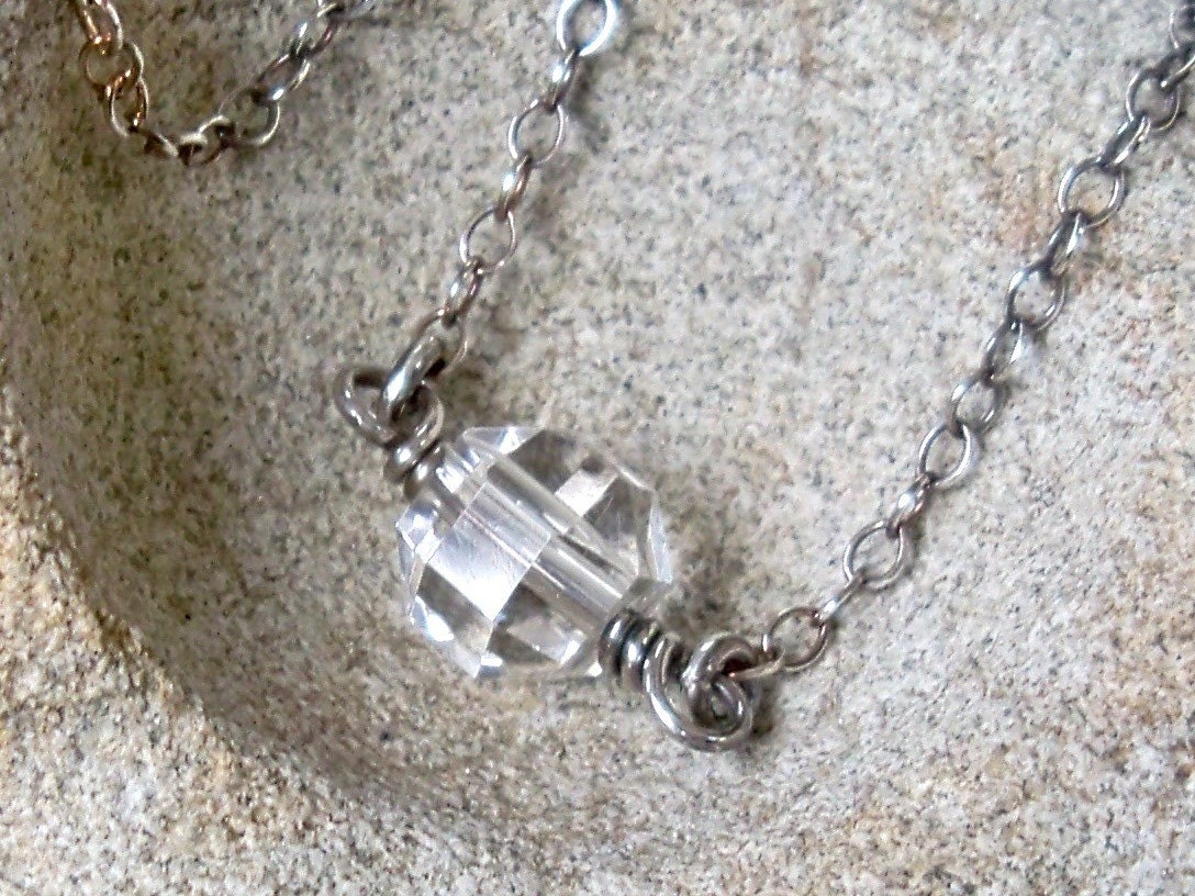 Tiny upcycled vintage clear cut crystal gemstone necklace - handmade sterling silver jewelry - Tiny Treasure