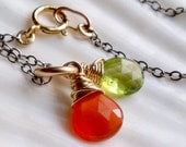 Tangerine orange carnelian green peridot briolette necklace - Spring fashion - sterling silver 14k gold fill - Wire wrapped jewelry handmade