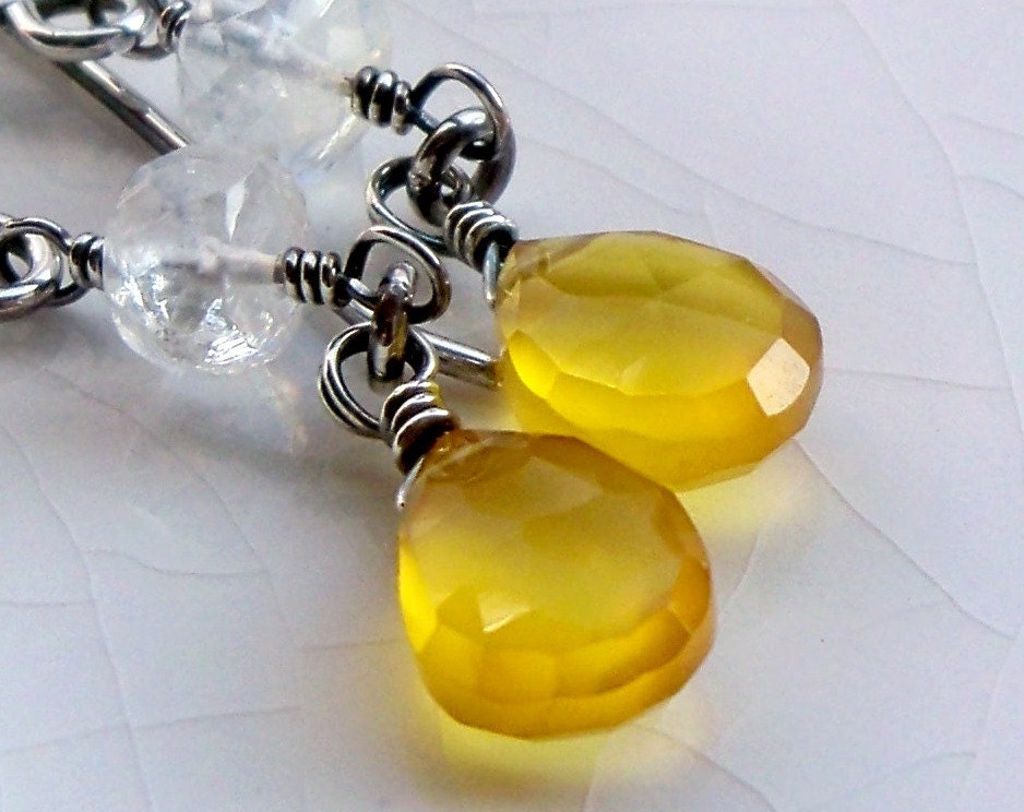 Wire wrapped jewelry handmade - Bright sunshine yellow chalcedony and moonstone gemstone sterling silver dangle earrings - Spring fashion