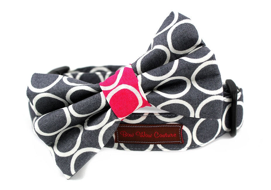 Slate Circles Dog Bowtie Collar Set - Mod Dog in Simple Slate - Made to Order in Your Choice of Size