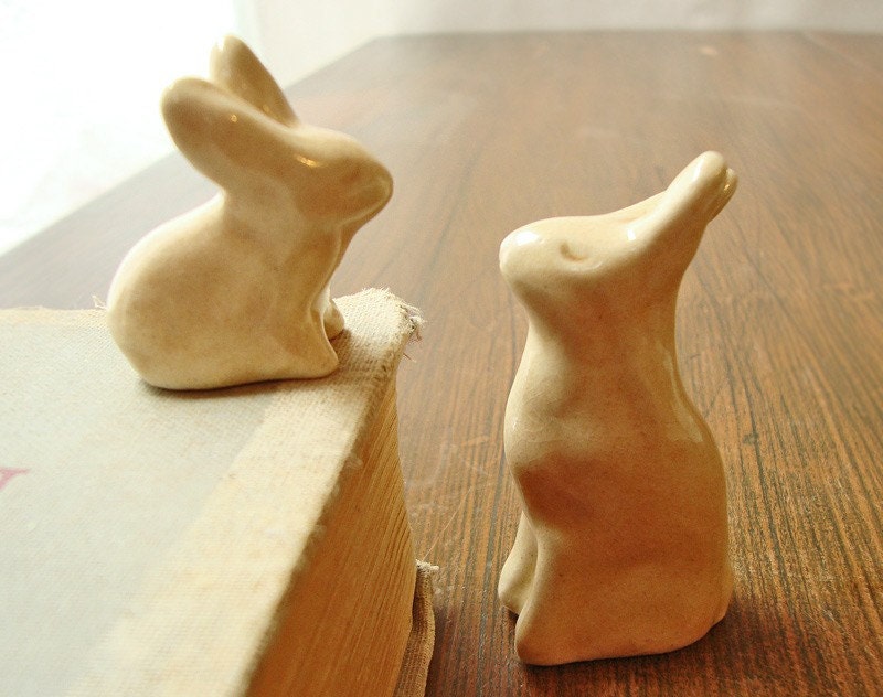 Two Bunny Rabbits mama and baby miniature ceramic sculptures