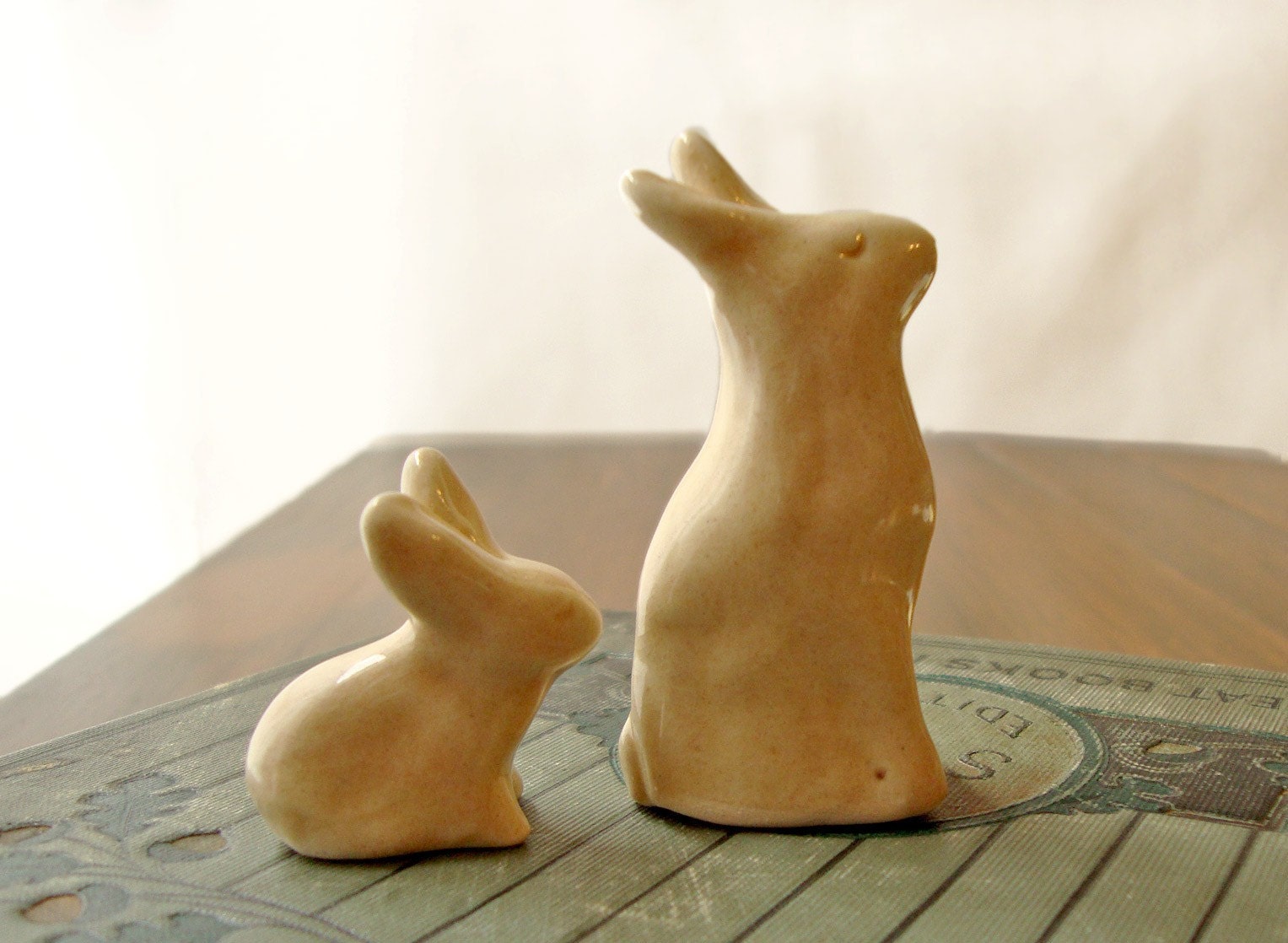 Two Bunny Rabbits mama and baby miniature ceramic sculptures