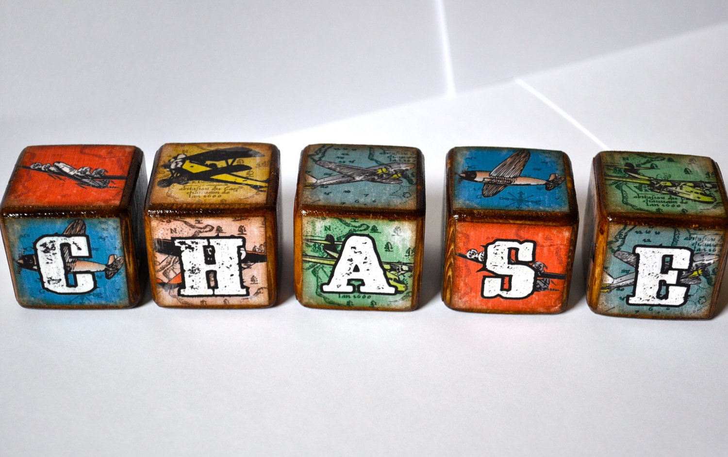 Room Decor Blocks - Vintage Airplane Childrens Blocks - Set of 5 Childrens Blocks - By You're It Kids