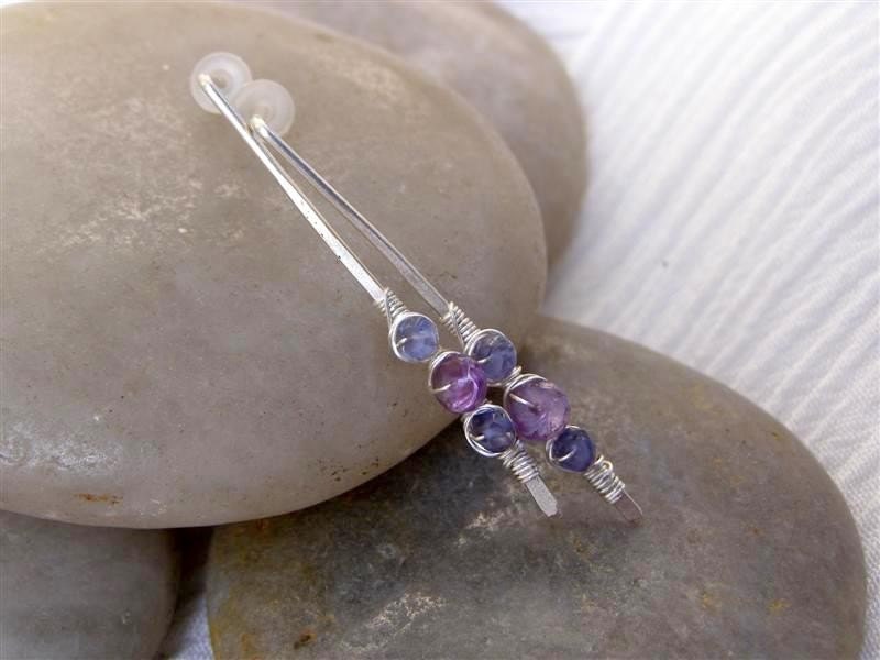 Amethyst , Iolite Post Earrings , Wire Wrapped , Sterling / Fine Silver , September Birthday