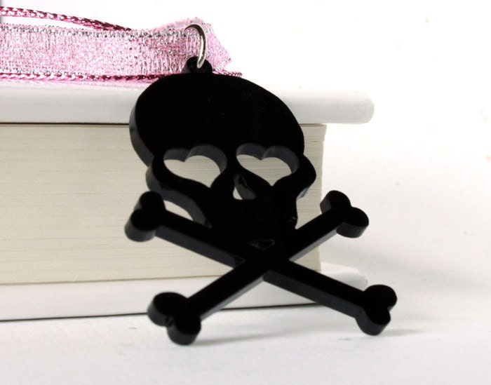 Black Skull and Crossbones Necklace Acrylic Heart, Skull Necklace, Skeleton Pirate Jewelry