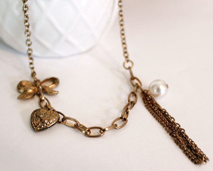 Sweetheart Charm Necklace with Heart Bow and Pearl Tassel Gold Long Necklace
