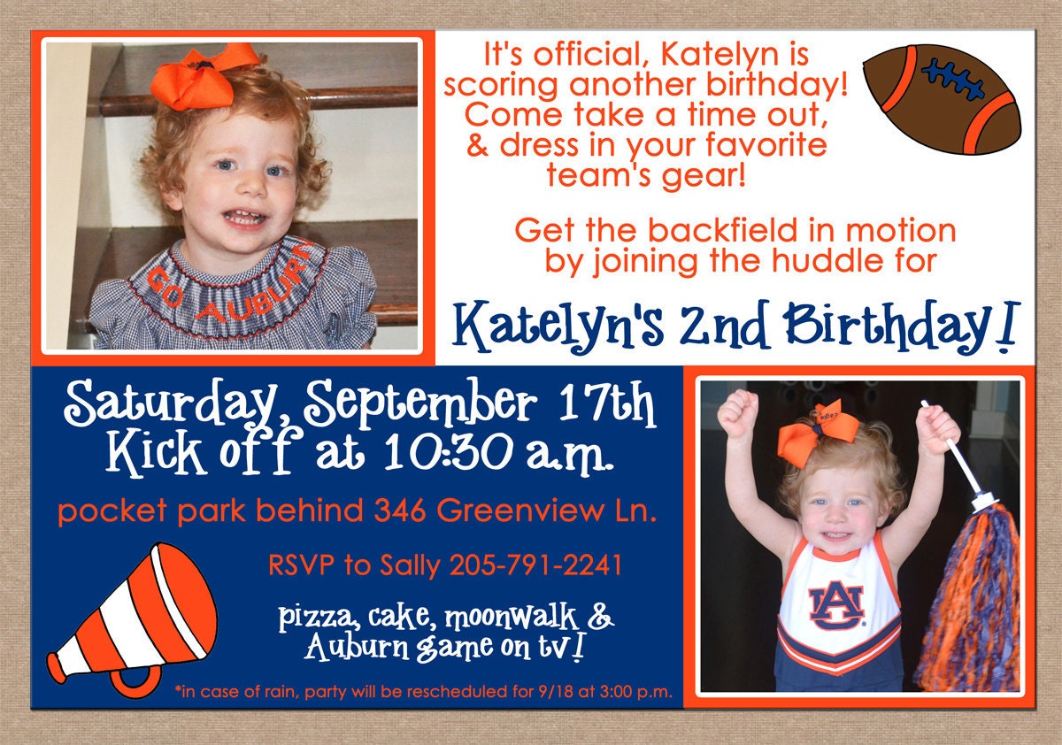 12 Personalized Printed Girl OR Boy Football Cheerleader Tailgate Party Birthday Photo Invitations with envelopes