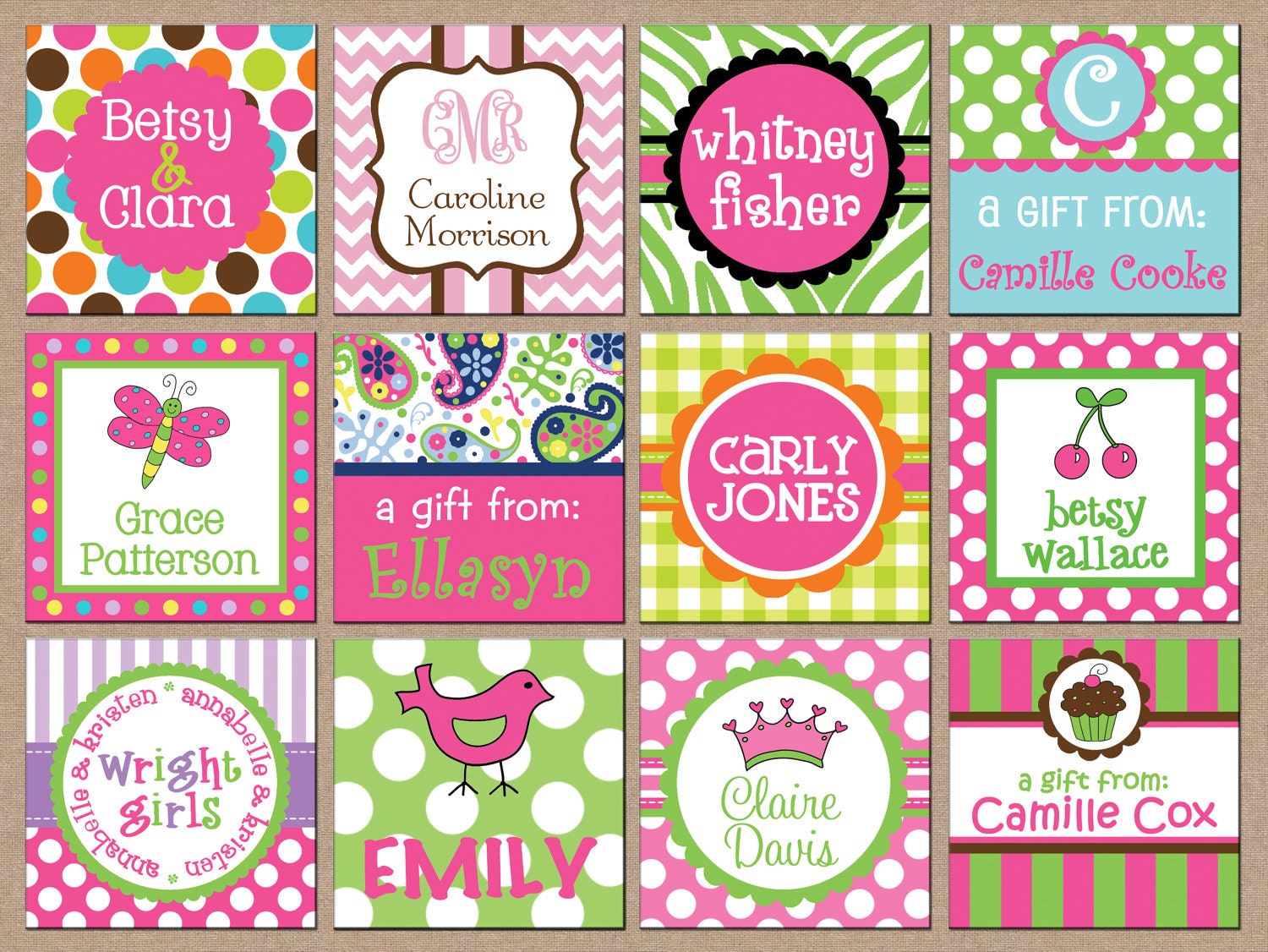 24 Square Personalized Girl Enclosure Cards or Gift Stickers - Choose ONE DESIGN