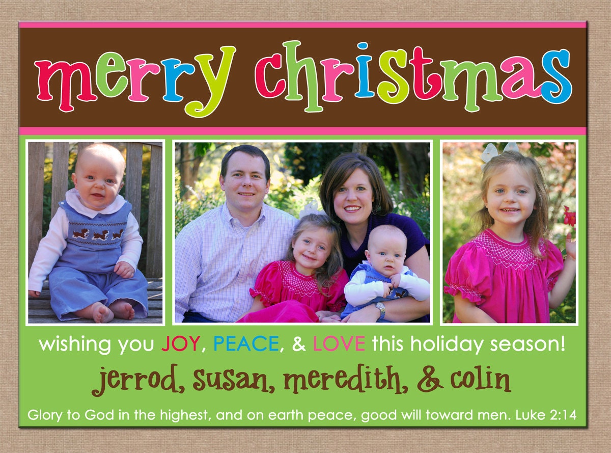 12 Personalized Printed Christmas Holiday Photo Cards with envelopes - 3 photo horizontal layout