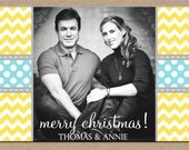12 Personalized Printed Christmas Holiday Photo Cards with envelopes - chevron print polka dot one photo horizontal layout