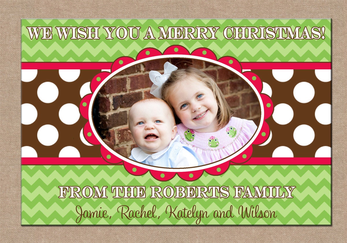 12 Personalized Printed Christmas Holiday Photo Cards with envelopes - chevron print polka dots one photo horizontal layout