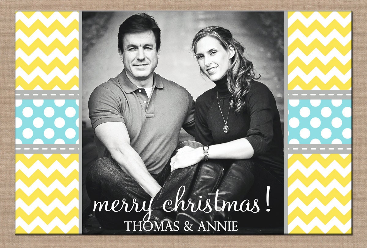 12 Personalized Printed Christmas Holiday Photo Cards with envelopes - chevron print polka dot one photo horizontal layout