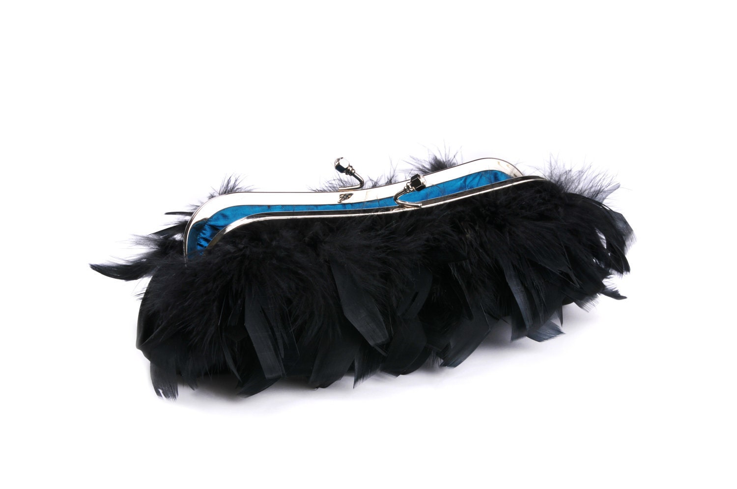 Juliet Clutch - Black feather with silver frame