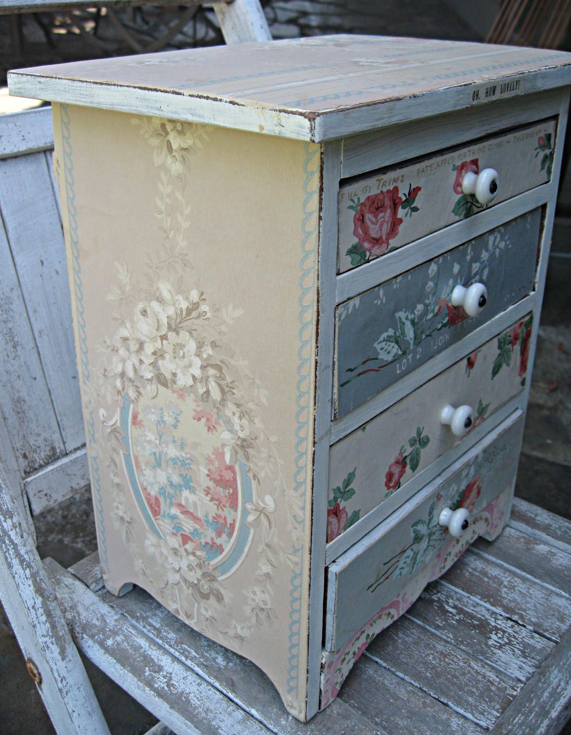 Small wood chest with drawers covered with vintage wallpaper, OOAK storage