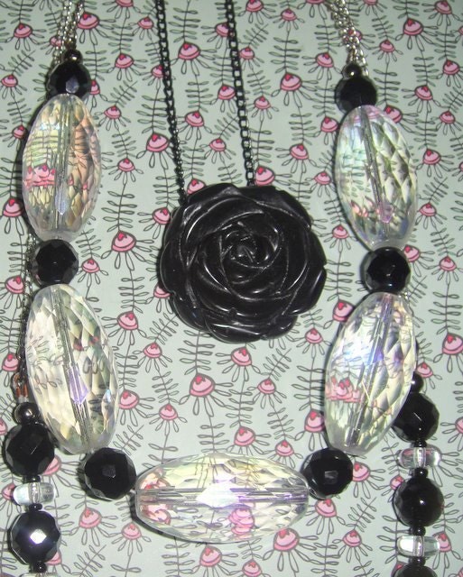 Black Rose                               (Crystal Quartz and Black Onyx Three Strand Necklace)