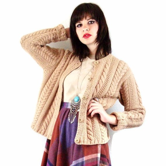 VintageWool Camel Chunky Cable Knit Cardigan