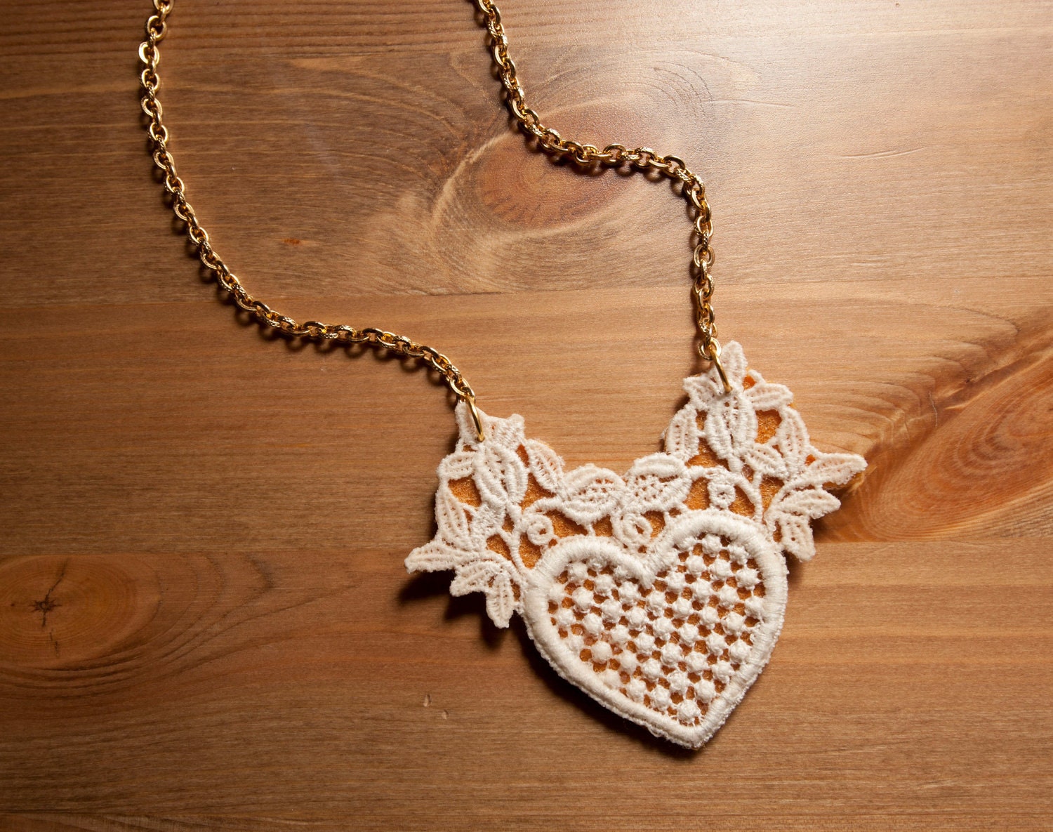 Lace Heart Necklace // Mustard Yellow // Cream // Felt // Vintage Venice Lace // Floral // Gold // 20 inch
