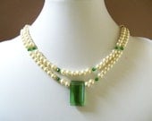 Swarovski pearl necklace with cream swarovski pearls, emerald green crystals and  pendant double strands