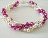 Twisted pearl bracelet raspberry pink and white teardrop freshwater pearls multi strands silver filigree clasp