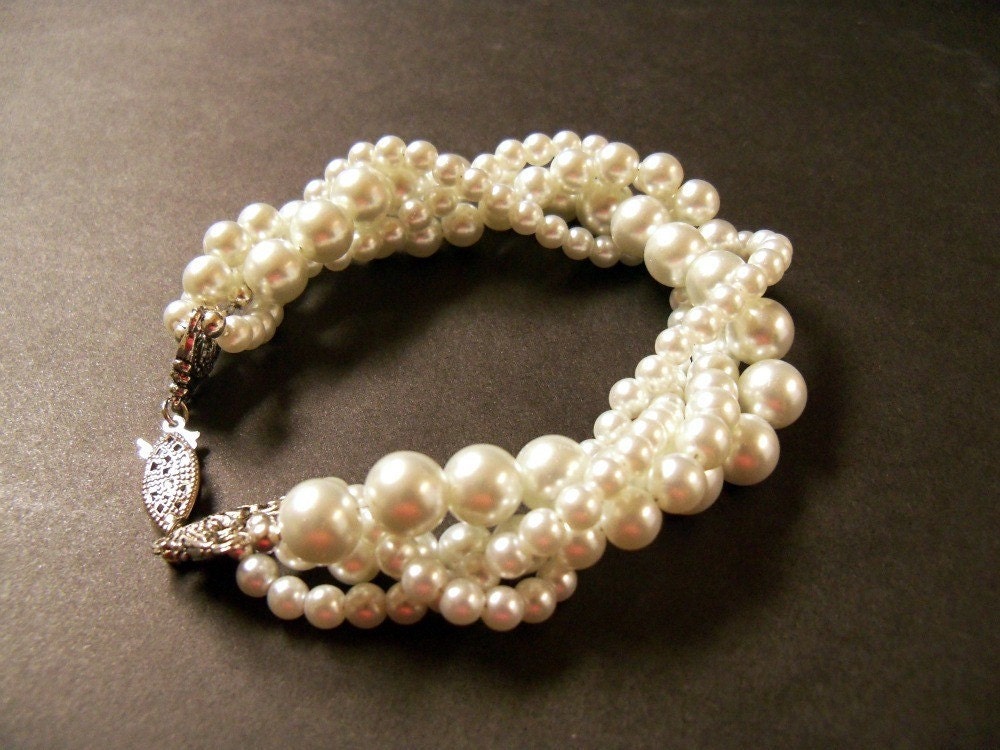 Twisted pearl bracelet Ivory Swarovski crystal pearl multi strand twisted bracelet with antiqued silver clasp bridal